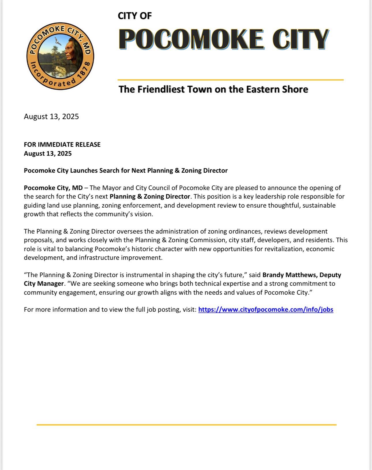 Pocomoke City Opens Search for New Planning & Zoning Director as Leadership Vacancies Continue