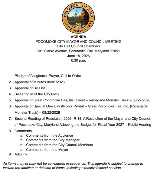 📣 Pocomoke City Mayor and Council Meeting on June 18, 2026