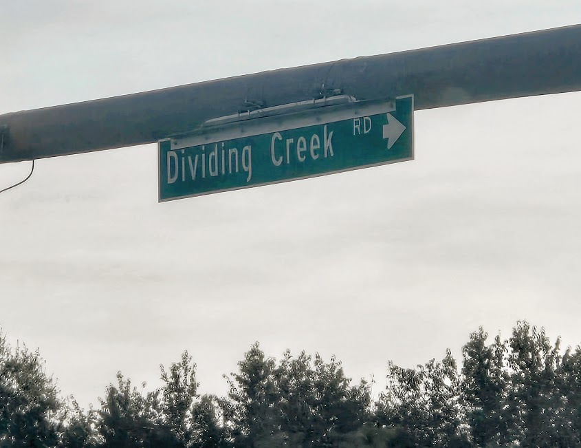 dividing creek - Pocomoke City Arrowhead Green street-sign reading Dividing Creek Rd suspended from a traffic bar above, with trees below on a cloudy day.