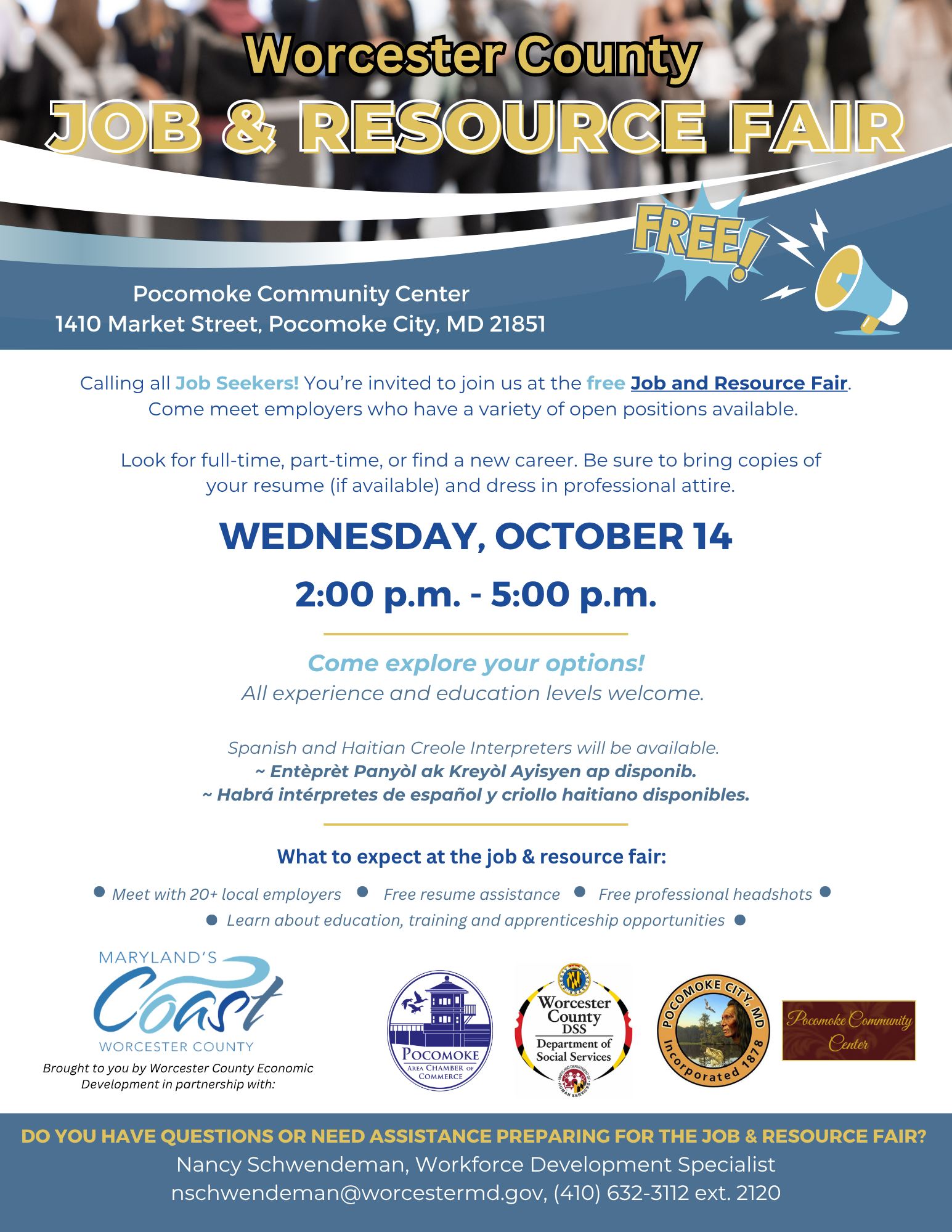 Job Fair October 14_Seeker - Pocomoke City Arrowhead Job fair flyer with text